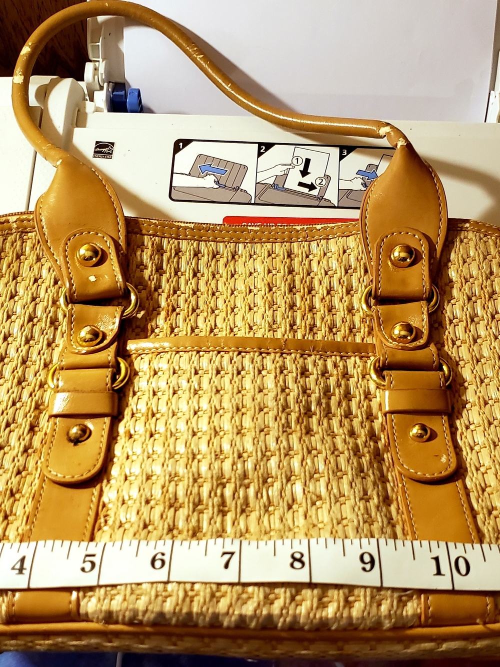 Carryland Brand Woven Straw Tote with Tan Leather Accents